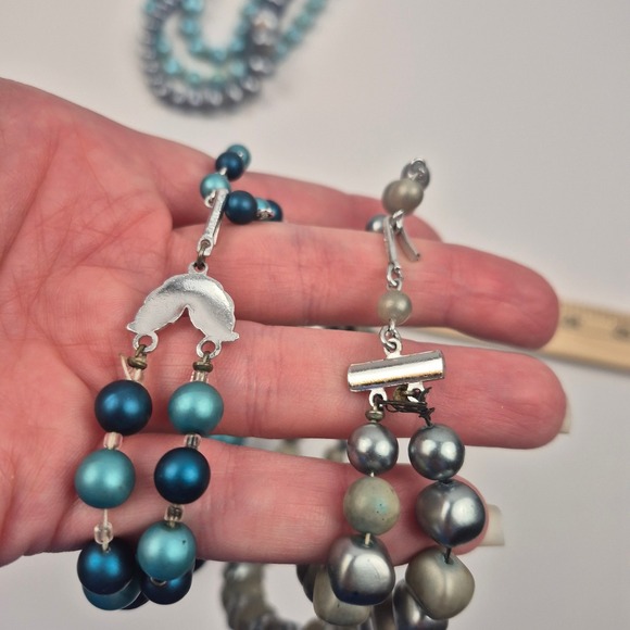 Vtg Beaded Necklace Lot 5pc Blue Green Japan Marked Faux Pearl Velvet Layering - Picture 14 of 16